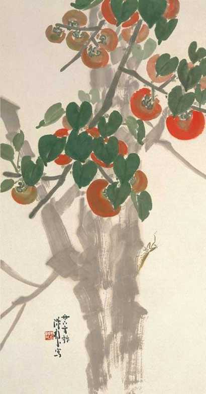 陈树人 1947年作 柿树螳螂 立轴